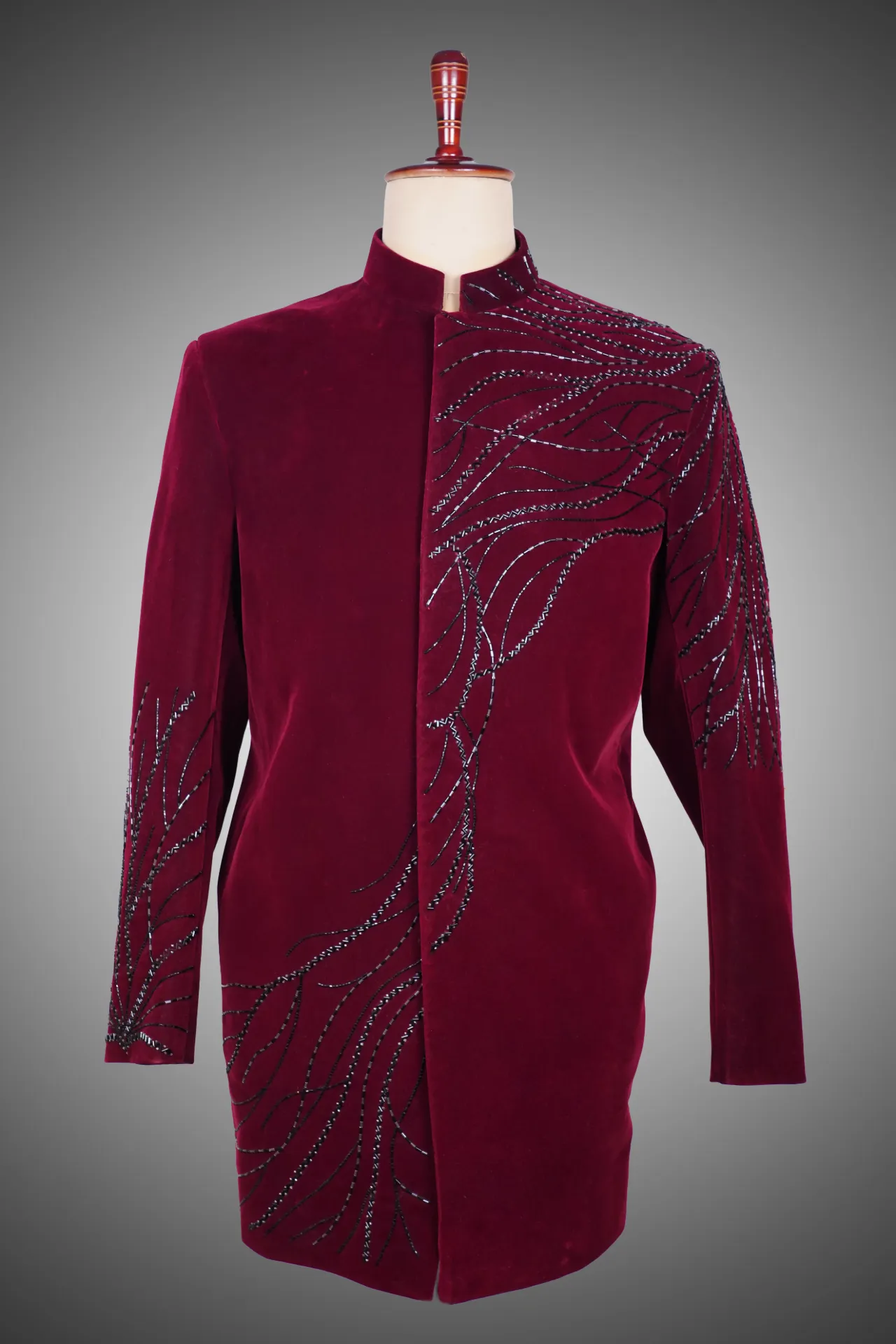 Maroon velvet blazer with hand embroidery