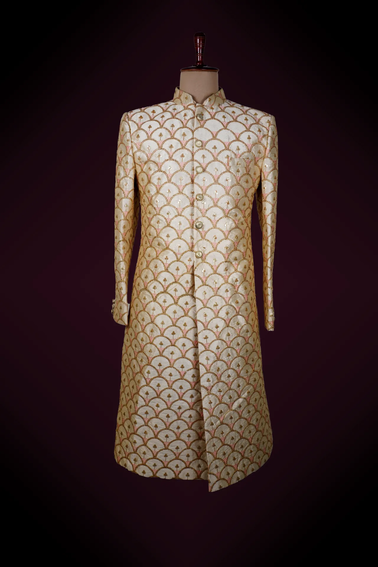 Off - white sherwani with all over embroidery