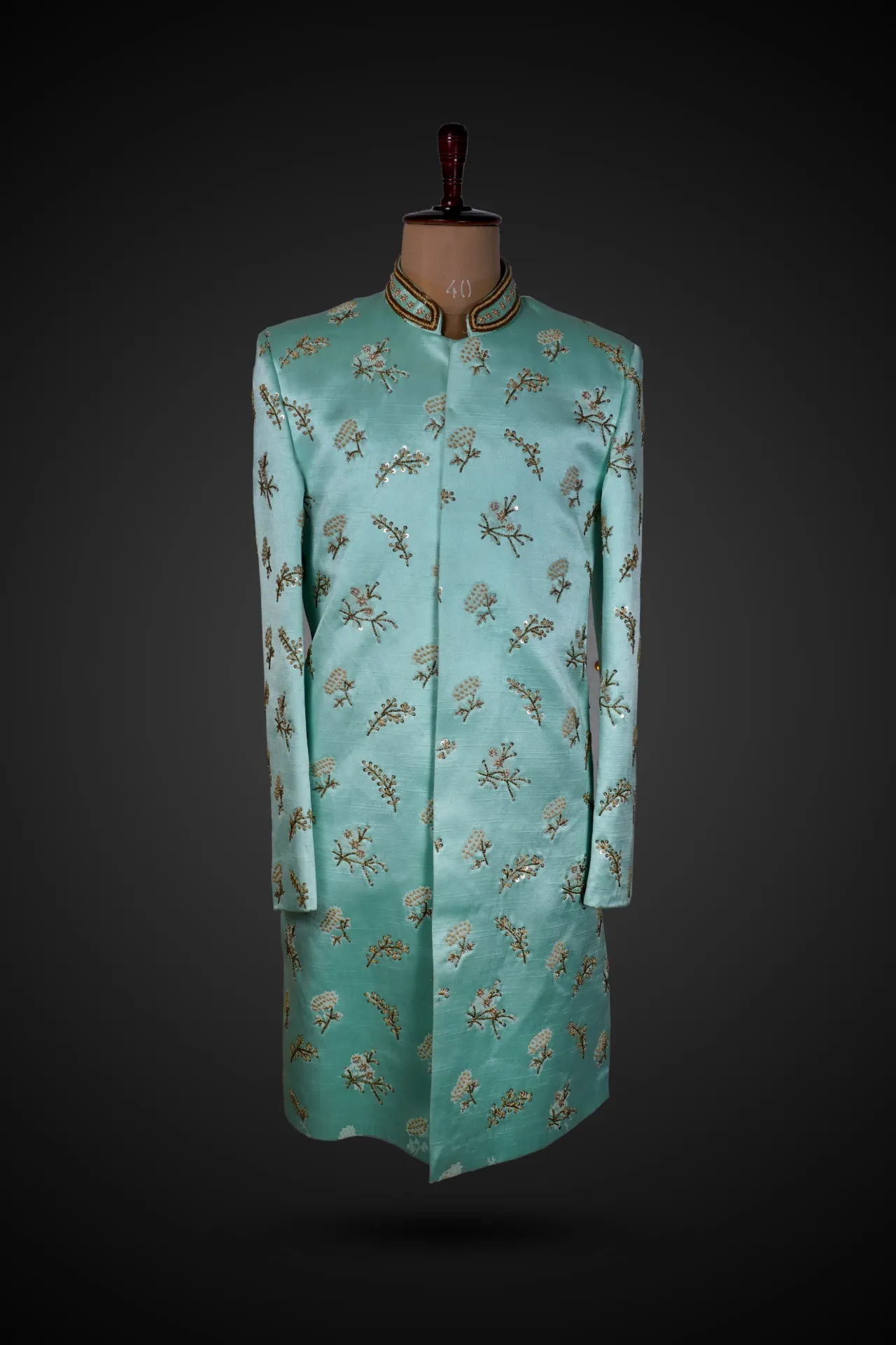 Mint green sherwani with highlighting embroidery