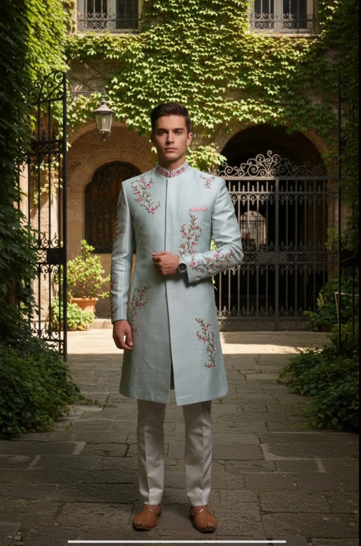 Mens classic sherwani with floral embroidery